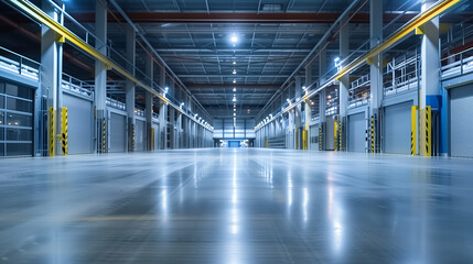 Long, empty corridors of a warehouse with concrete floors and metal beams, ambient lighting creating a moody and spacious industrial atmosphere