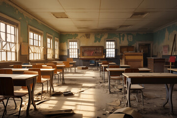 Fototapeta na wymiar Abandoned classroom in an old school