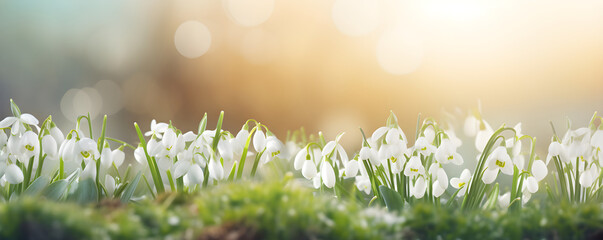 Snowdrops flowers in the snow in garden or forest. First wild flower in sunlight. Spring concept. Floral background for greeting card, banner, Women's day with copy space - obrazy, fototapety, plakaty