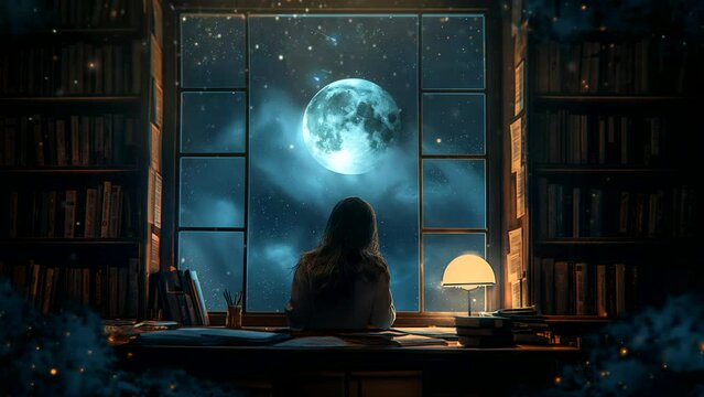 Girl looking at window with starry night sky view,for lofi background music. seamless looping 4k time-lapse animation video background
