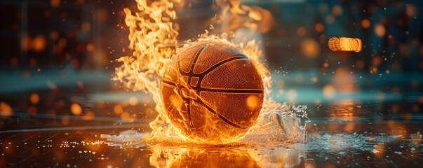 Fiery basketball soars towards hoop leaving blazing trail in its wake. Concept Fiery Basketball, Blazing Trail, Soaring Towards Hoop, Sports Photography - obrazy, fototapety, plakaty