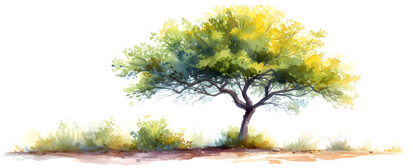 Watercolor painting of a tree side view isolated on a white background, suitable for landscape and architecture drawings and botanical sections.