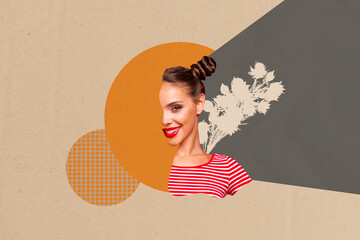 Collage sketch image of happy smiling half face lady enjoying autumn flowers isolated orange beige...