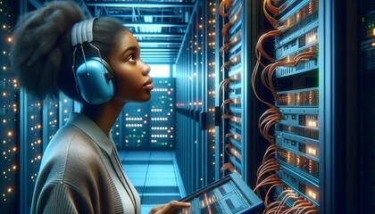 Side view portrait of a young black female technician setting up a network in a server room