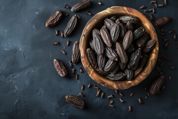 Aromatic tonka beans for dark background in kitchen applications