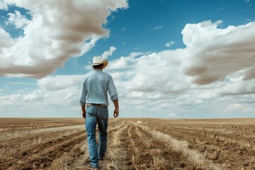 A man in a cowboy hat walking across a field - obrazy, fototapety, plakaty