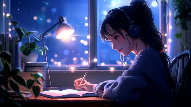 Anime girl is studying while listening to music in her room, for lofi background music. seamless looping 4k time-lapse animation video background