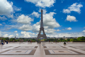 View of Eiffel Tower from Jardins du Trocadero in Paris, France. Eiffel Tower is one of the most iconic landmarks of Paris. Cityscape of Paris - 736265238