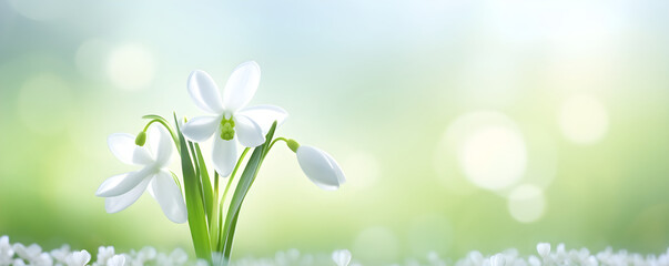 Fototapeta na wymiar Snowdrops flowers in the snow in garden or forest. First wild flower in sunlight. Spring concept. Floral background for greeting card, banner, Women's day with copy space