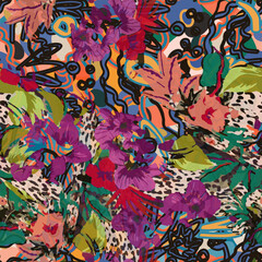 Modern exotic floral jungle pattern. Collage contemporary seamless pattern. Hand drawn cartoon style pattern.