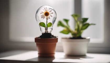 Flower in a light bulb planted in a flowerpot.