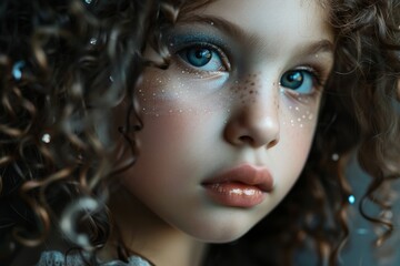 Beautiful young girl with curly hair and imaginative makeup in a portrait