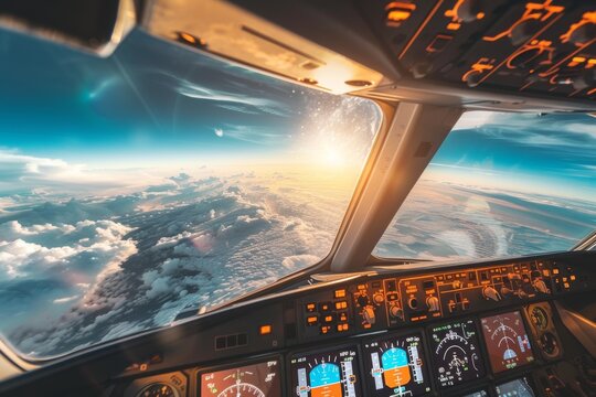 Aircraft cockpit pilot s view from inside the plane sunny sky seen through front glass