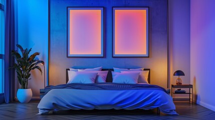 Modern bedroom interior in blue and purple tones