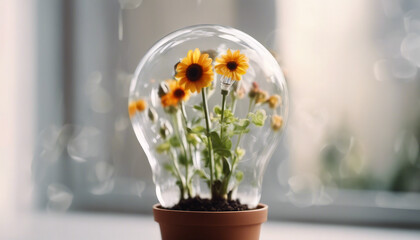 Flower in a light bulb planted in a flowerpot.