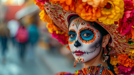 Portrait of a woman wearing Day of the Dead costumes and skull makeup. Generative Ai