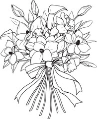 Flower bouquet decorated with bow. Black and white outline vector illustration, isolated on white. Antistress coloring page for adults