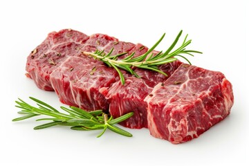 240 grams of wagyu beef striploin steak with rosemary photographed on a white background