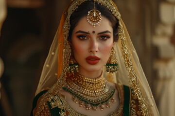 A beautiful young woman modeling an ornate traditional Indian Pakistani bridal ensemble with elaborate accessories and cosmetics