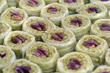 Traditional Turkish dessert, baklava with crushed pistachios
