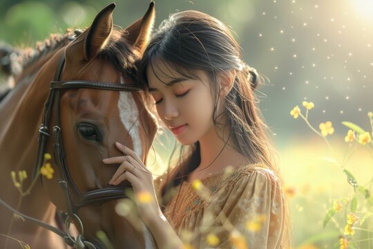 Asia girl lovingly caring for her horse