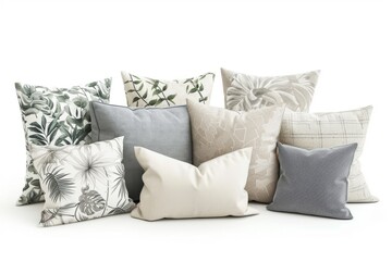 Assortment of unique decorative pillows on white backdrop