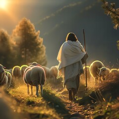 Shepherd Jesus Christ leading the sheep and praying to God and in the field bright sunlight