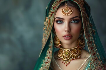 Fototapeta na wymiar Beautiful female model in traditional Asian bridal costume with heavy jewellery and makeup