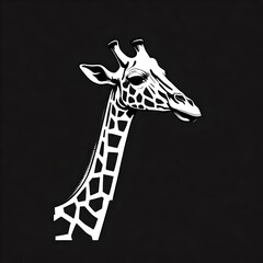 Visualize a singleface giraffe logo in muted gray tones, achieving a sleek and contemporary look against a deep black canvas. Isolated on solid black background.  Upscaling by