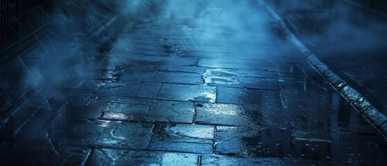 Dark street, wet asphalt, reflections of rays in the water. Abstract dark blue background, smoke, smog - obrazy, fototapety, plakaty