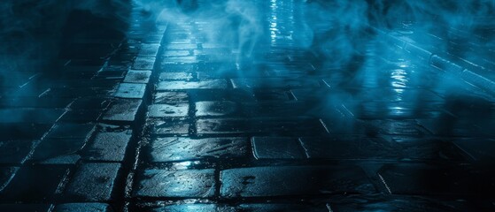 Dark street, wet asphalt, reflections of rays in the water. Abstract dark blue background, smoke, smog - obrazy, fototapety, plakaty