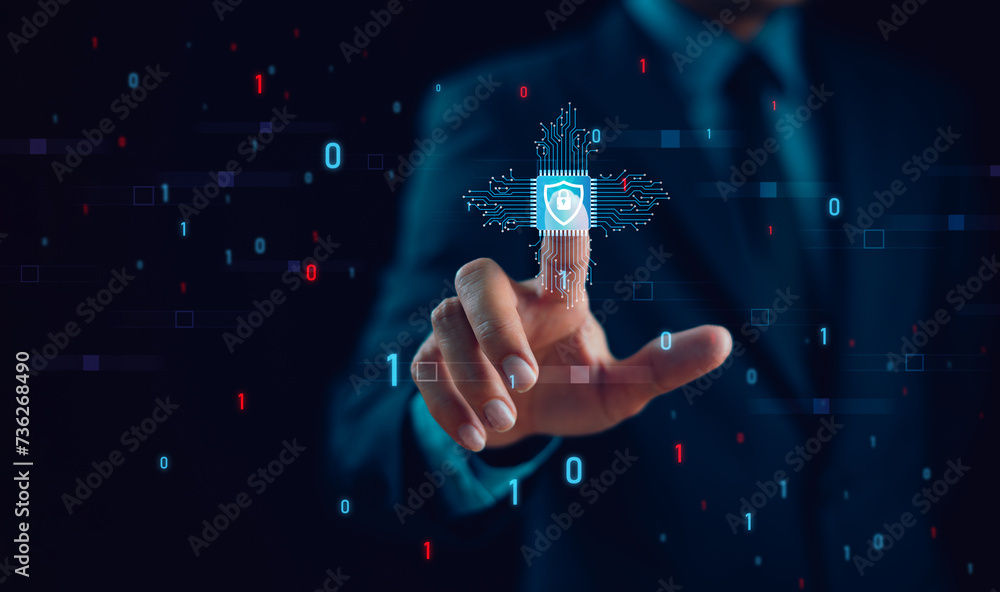 Poster cyber security privacy concept to protect data information. lock icon and internet network secure te