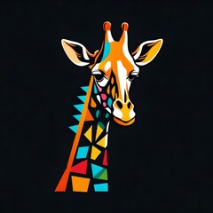 A sleek and minimalistic flat vector logo of a colorful giraffe, captured in HD on a solid black background.  Upscaling by