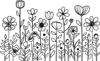 Group of Wildflowers, herbs, flowers, plants and butterflies flyng around. Outline Style Full Vector illustration