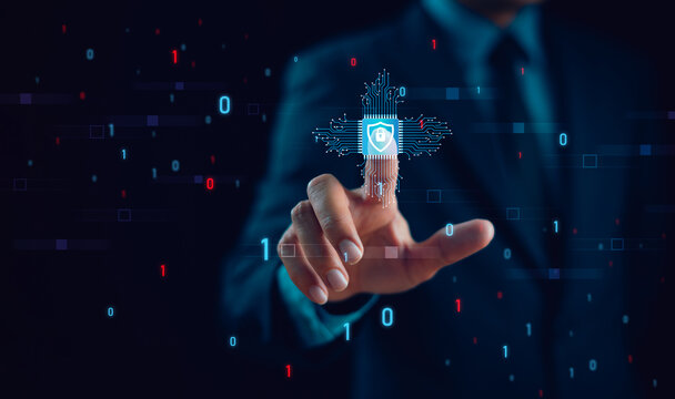 Cyber security privacy concept to protect data information. Lock icon and internet network secure technology. Businessman show person data info protection on smartphone, virtual screen network tech