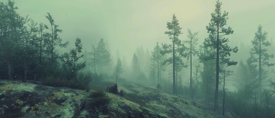 Misty landscape with fir forest in vintage retro style - obrazy, fototapety, plakaty