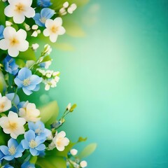 spring banner with flowers and place for text. delicate pastel color - blue, green, white.