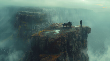 man standing on side of canyon, piano on other side across from man, he cant get to the piano, minimalism, cinematic  - obrazy, fototapety, plakaty