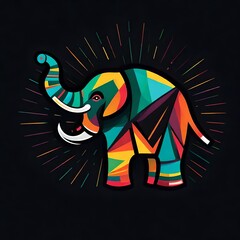 Envision a striking, minimalistic flat vector elephant logo with a burst of lively colors, capturing attention against a seamless solid black background.  Upscaling by