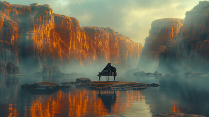 man standing on side of canyon, piano on other side across from man, he cant get to the piano, minimalism, cinematic  - obrazy, fototapety, plakaty