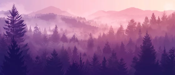 Poster Misty landscape with fir forest in vintage retro style © Artem