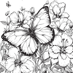 Hand Drawn Wild Flowers, Dog-Rose and Butterflies