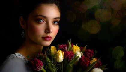 Portret kobiety z tulipanami na ciemnym tle - obrazy, fototapety, plakaty