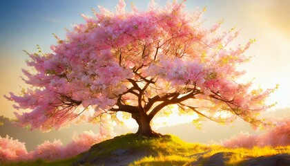 Krajobraz z kwitnącym na różowo drzewem wiśni - obrazy, fototapety, plakaty