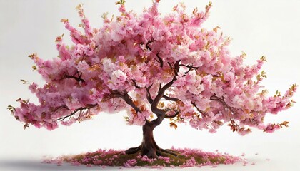 Drzewo pokryte różowymi kwiatami na białym tle - obrazy, fototapety, plakaty