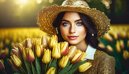 Portret kobiety w kapeluszu z bukietem tulipanów. Odcienie żółtego, złotego koloru. Dzień kobiet - obrazy, fototapety, plakaty