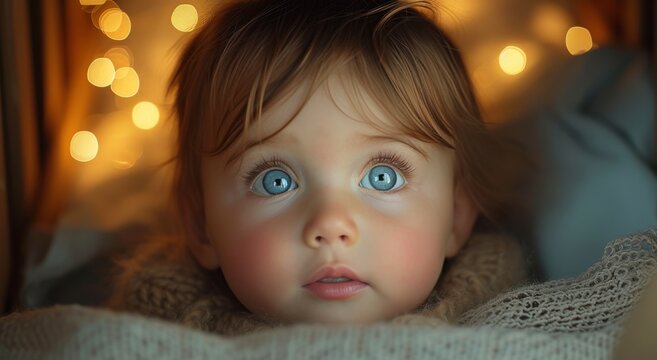 An innocent baby girl with mesmerizing blue eyes gazes at her toy doll, her soft skin and rosy cheeks radiating pure joy in this heartwarming indoor portrait