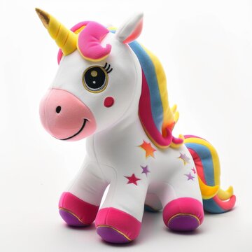 A white unicorn horse, a stuffed toy for children, on a white background.