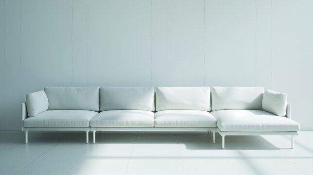 White and minimalist couch stands in front of a concrete wall in the middle of an empty room.