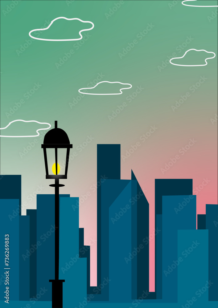 Wall mural skyline and city, lamp post , cityscape , buildings , clouds - Wall murals